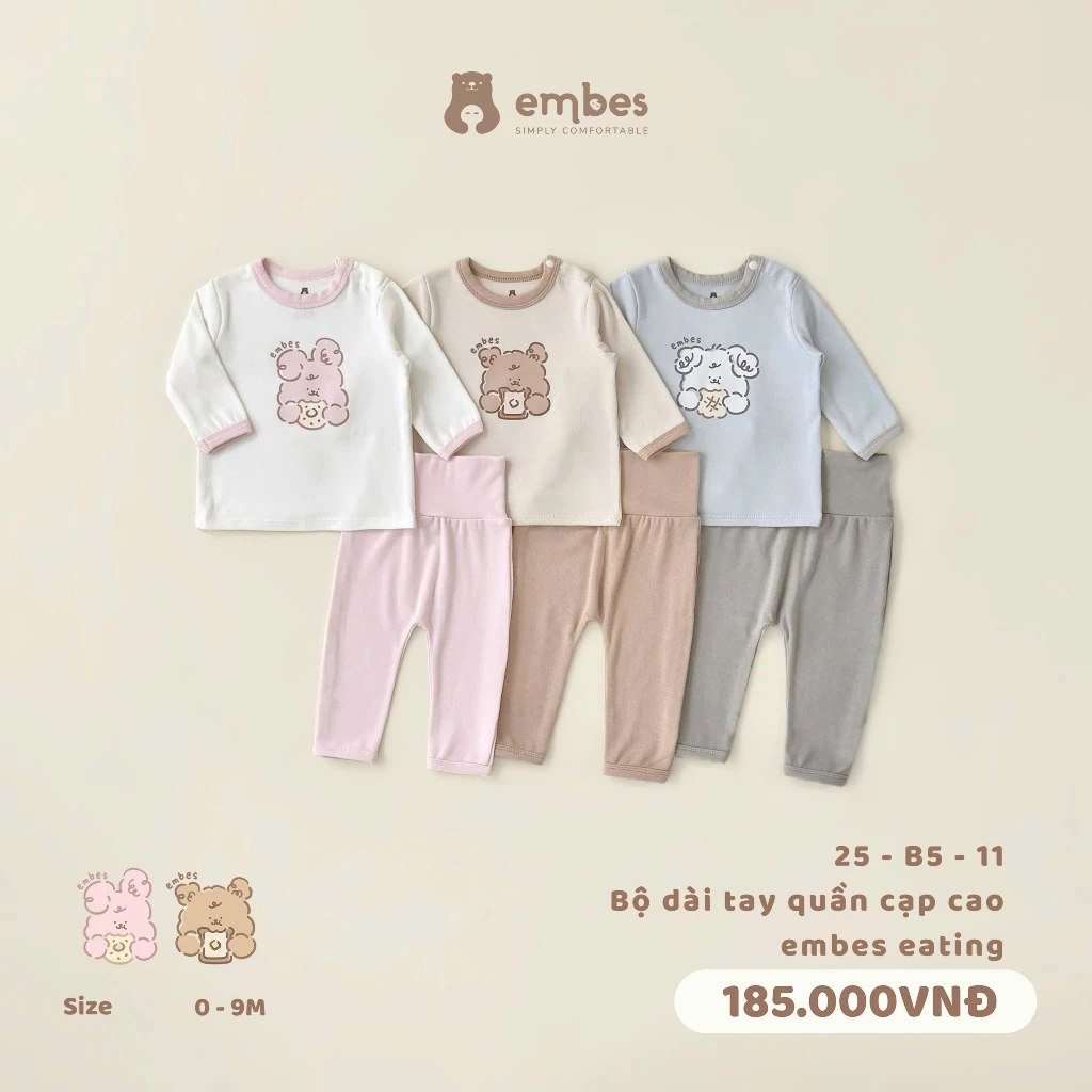 Bộ Dài Tay Sơ Sinh Embes, Bộ Dài Tay Thu Đông Hình In Chất Cotton Dệt Lông Mỏng Cho Bé Từ 0-9 Tháng