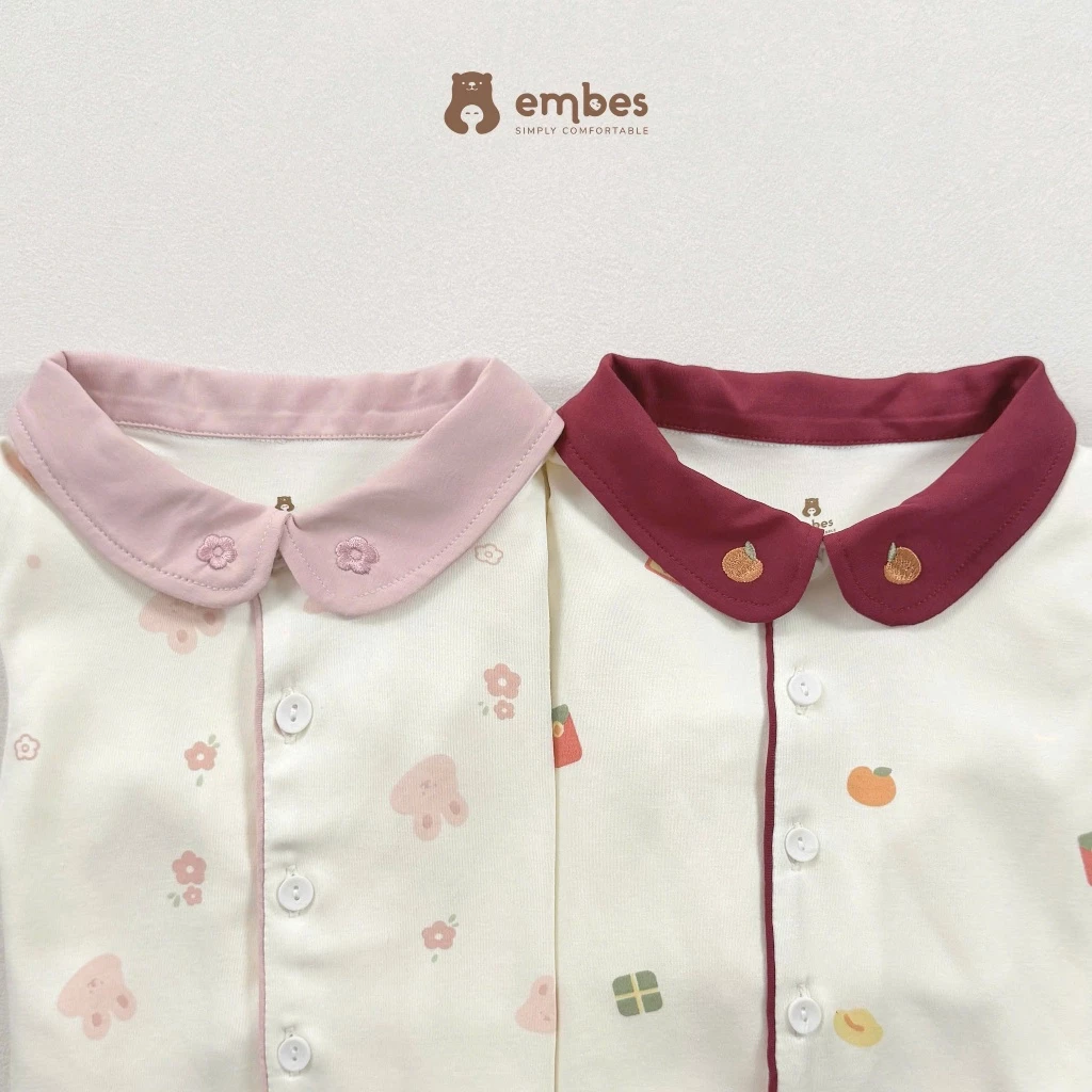 Bộ Pijama Dài Tay Cho Bé Embes, Bộ Đồ Ngủ Kẻ Caro Thêu Hình Chất Cotton Cho Bé Trai Bé Gái Từ 8-18kg - 2
