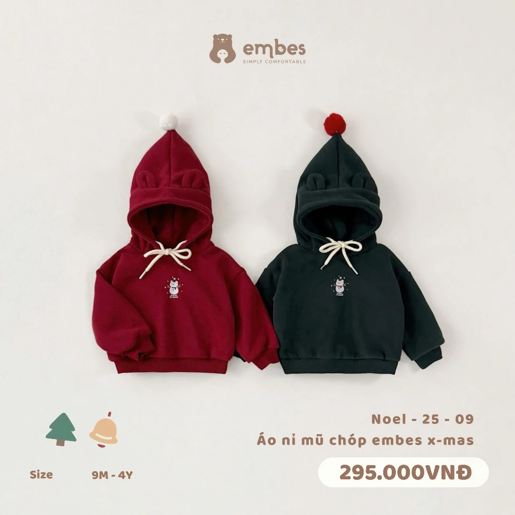 [Embes-Santa's Present] Áo Nỉ Mũ Chóp Đính Bông Cho Bé Trai Bé Gái Diện Lễ Giáng Sinh Size Từ 8-18Kg