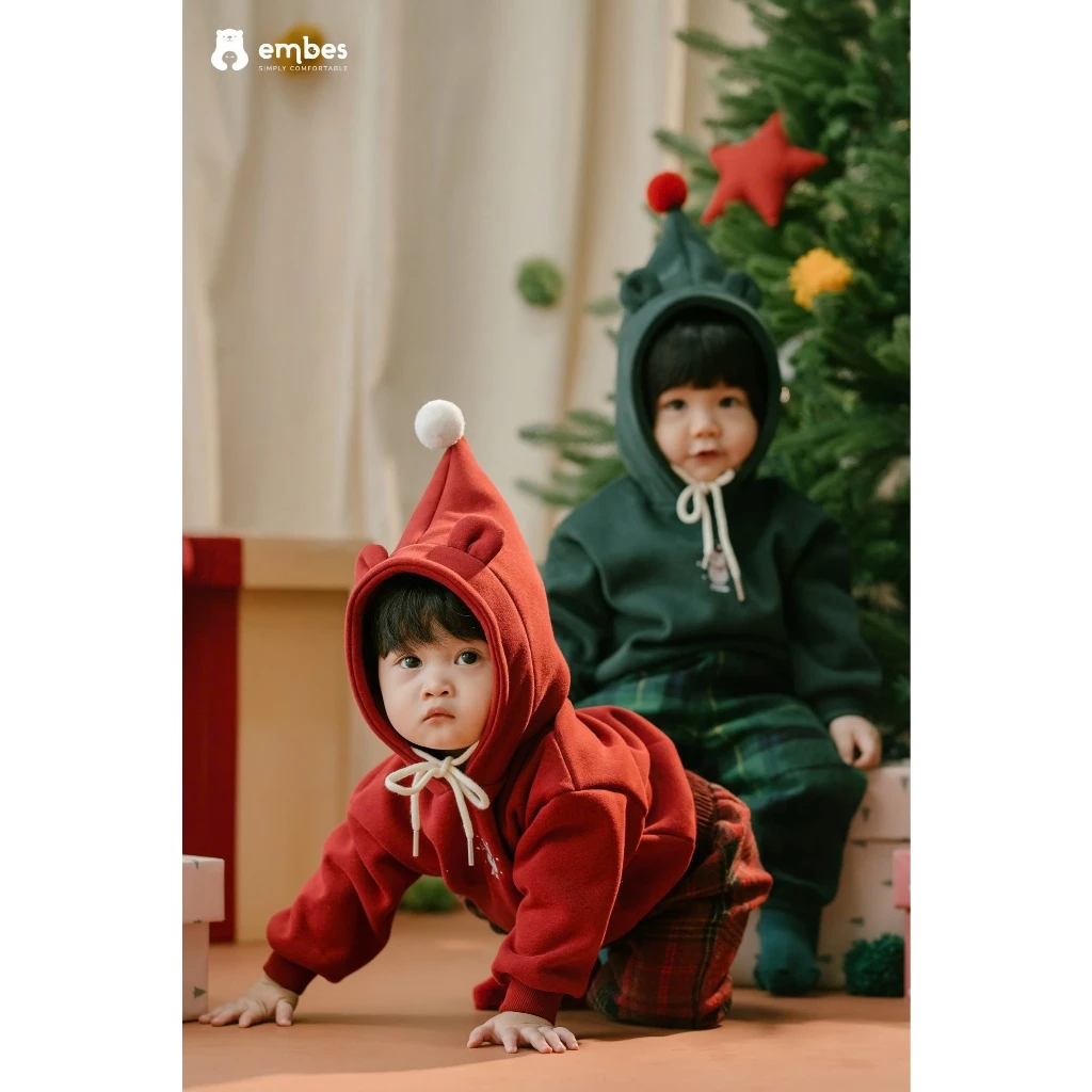 [Embes-Santa's Present] Áo Nỉ Mũ Chóp Đính Bông Cho Bé Trai Bé Gái Diện Lễ Giáng Sinh Size Từ 8-18Kg - 4