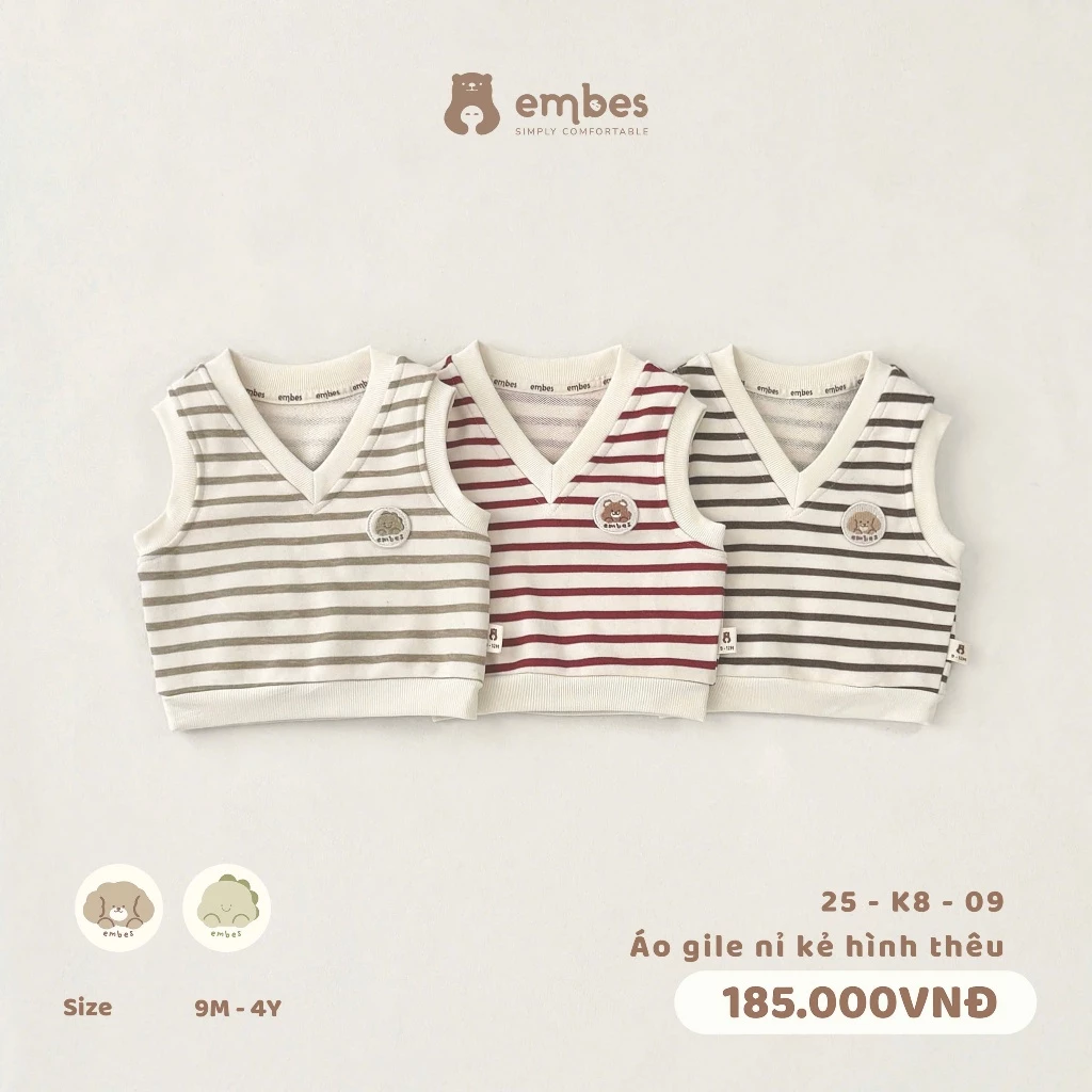 Áo Gile Cho Bé Embes, Áo Gile Cổ Tim Thêu Hình Chất Nỉ Da Cá, Dáng Hàn Cho Bé Trai Bé Gái Từ 8-18Kg