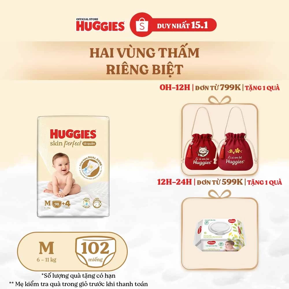 Tã quần Huggies Skin Perfect Mega Jumbo M98+4/ L88+4/XL72+4/XXL64+4 với 2 vùng thấm giảm kích ứng da