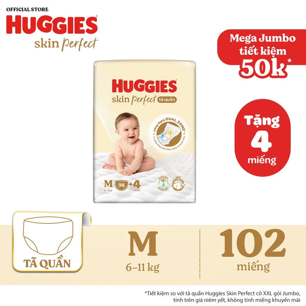 Tã quần Huggies Skin Perfect Mega Jumbo M98+4/ L88+4/XL72+4/XXL64+4 với 2 vùng thấm giảm kích ứng da - 2