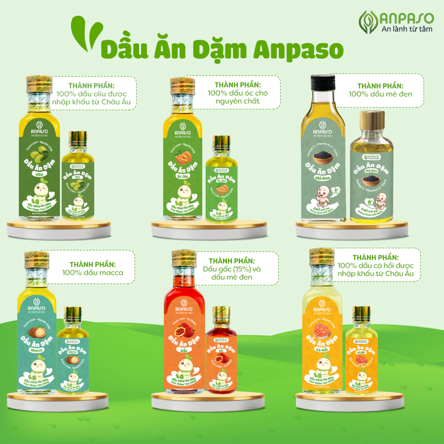 Dầu Ăn Dặm Cho Bé Anpaso - Set 3 dầu Oliu, Óc Chó, Cá Hồi 50ml, 100ml, 150ml - Dầu Chiên Xào 100ml