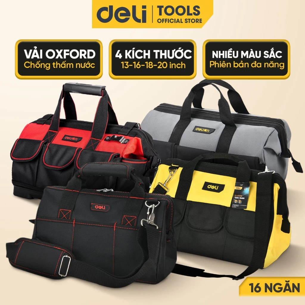 Túi Đựng Đồ Nghề Nhiều Ngăn DELI Đế Tay Nhựa Dụng Cụ Sửa Chữa - Có Quai Đeo Vải Dày Chống Nước