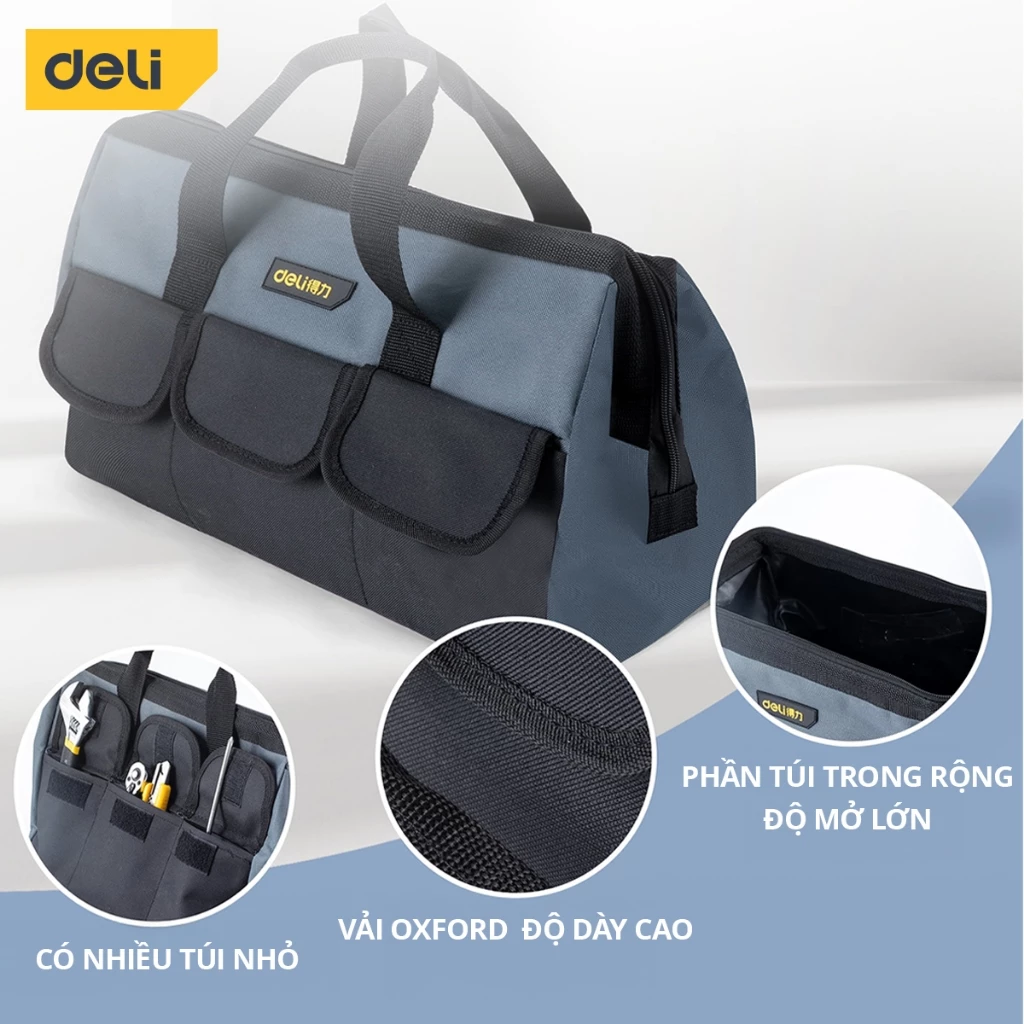Túi Đựng Đồ Nghề Nhiều Ngăn DELI Đế Tay Nhựa Dụng Cụ Sửa Chữa - Có Quai Đeo Vải Dày Chống Nước - 2