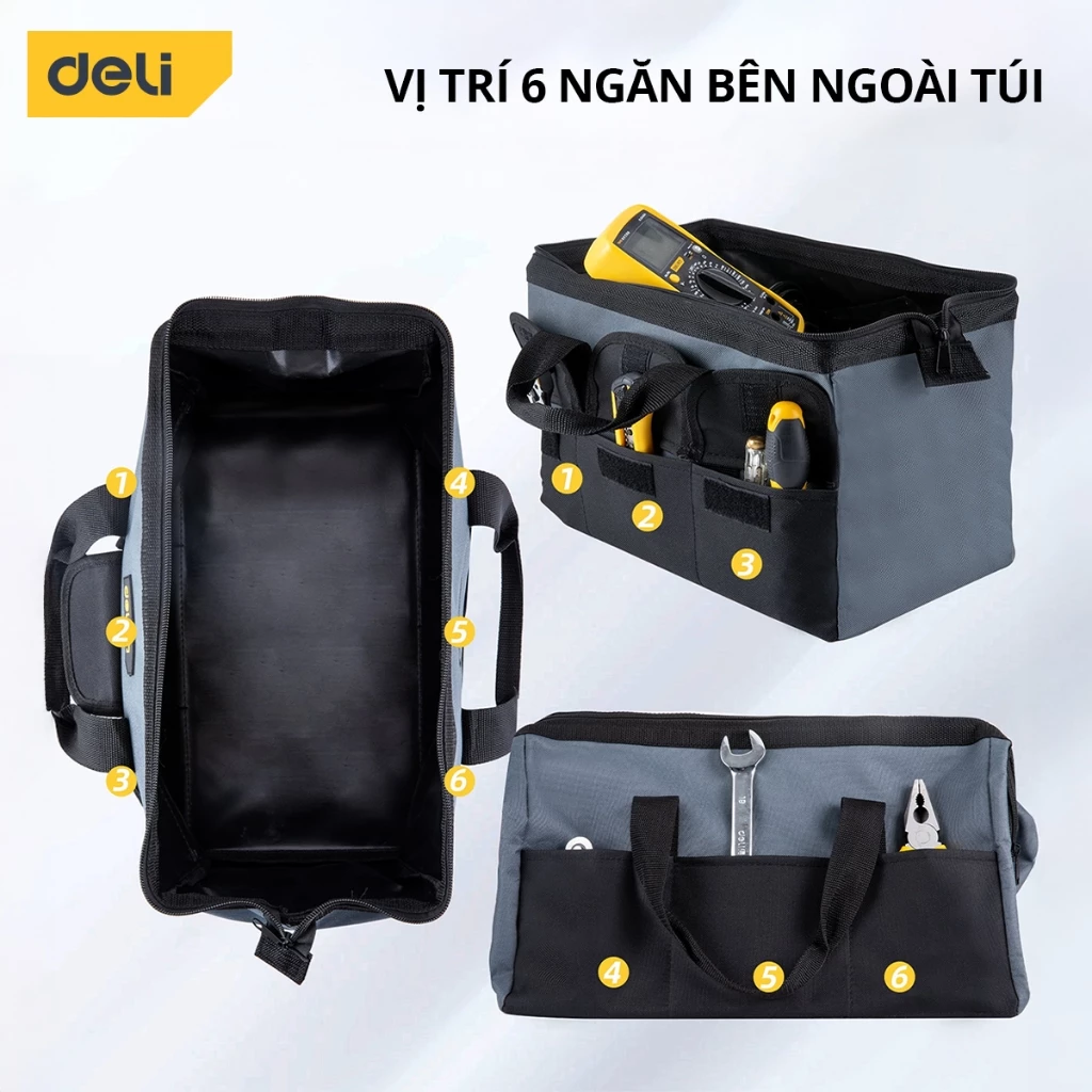 Túi Đựng Đồ Nghề Nhiều Ngăn DELI Đế Tay Nhựa Dụng Cụ Sửa Chữa - Có Quai Đeo Vải Dày Chống Nước - 4