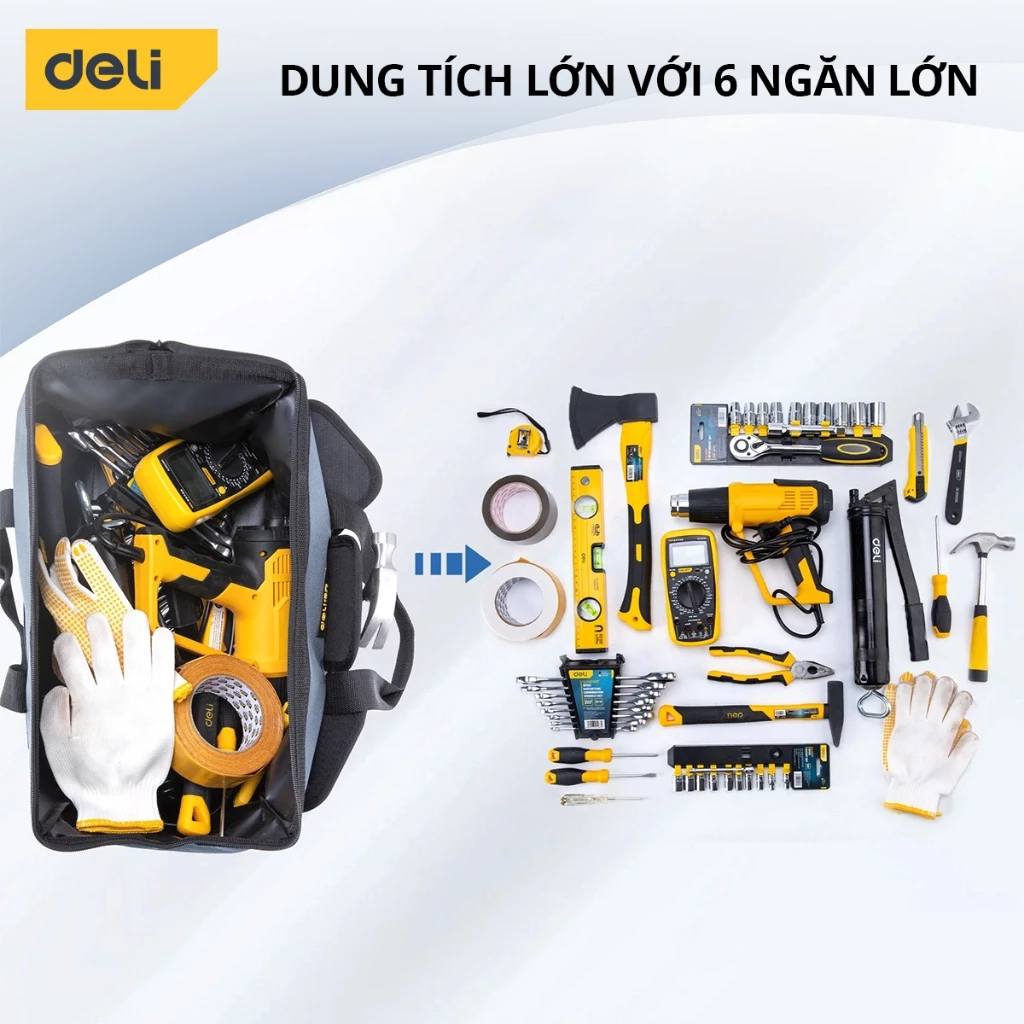Túi Đựng Đồ Nghề Nhiều Ngăn DELI Đế Tay Nhựa Dụng Cụ Sửa Chữa - Có Quai Đeo Vải Dày Chống Nước - 6
