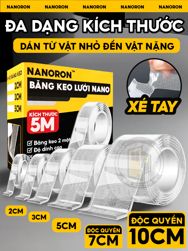 Băng keo nano lưới siêu dính bản 3cm NANORON Băng keo 2 mặt nano trong suốt dính đồ vật