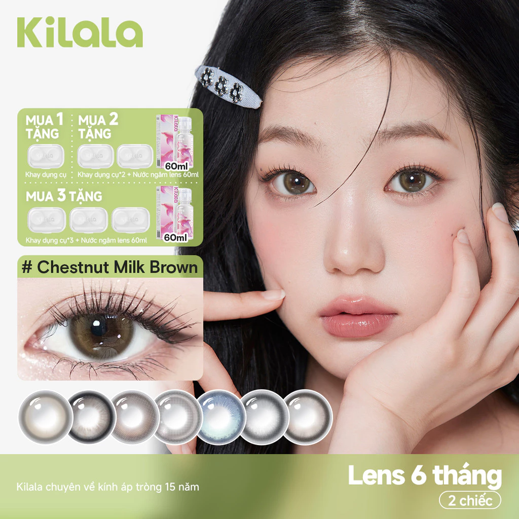 Kính áp tròng Kilala màu nâu Chestnut Milk Brown/ Yay Radiowave Black/White Peach Brownlens cận 6 tháng DIA 14.2mm 14.5mm có độ (0-7) 1 cặp