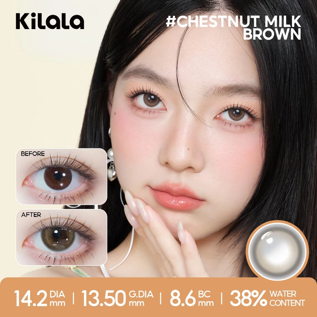 Kính áp tròng Kilala màu nâu Chestnut Milk Brown/ Yay Radiowave Black/White Peach Brownlens cận 6 tháng DIA 14.2mm 14.5mm có độ (0-7) 1 cặp - 2