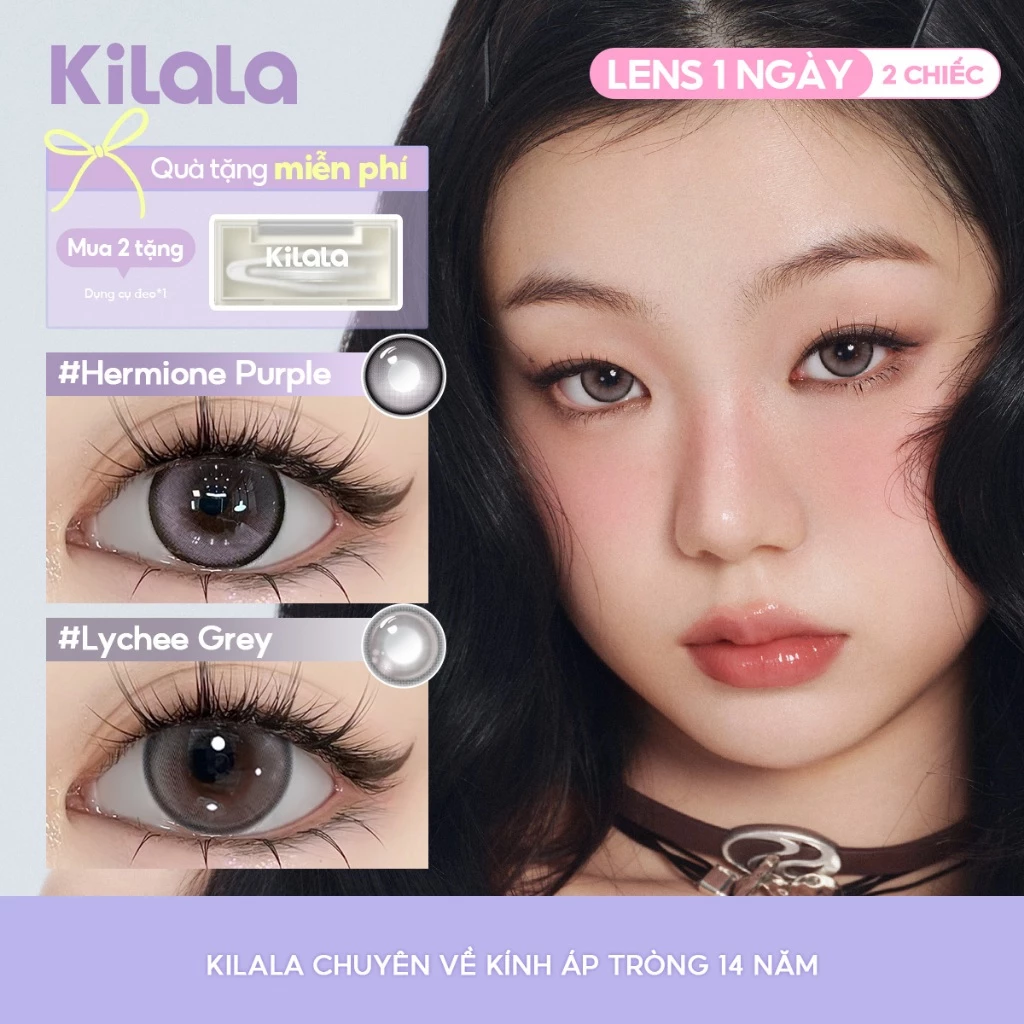 Kính áp tròng Kilala lens 1 ngày màu xám DIA 14.0mm 14.2mm 14.5mm Filmgirl Blue Lychee Grey Heroine Purple và màu xám lens cận có độ (0-7) 2 chiếc - 4