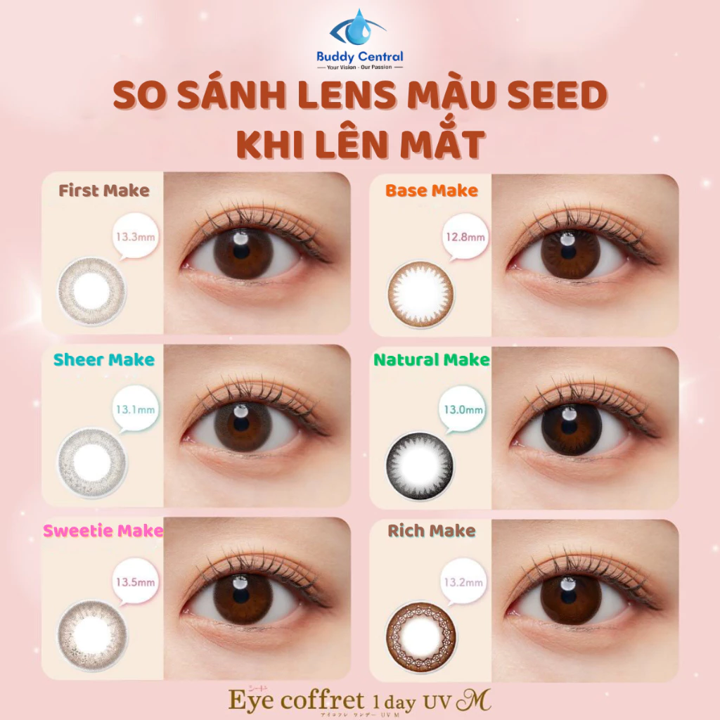 (1 chiếc lẻ) Lens Seed 1 ngày có màu Eye coffret - Sheer, Sweetie, First Make đủ độ - Buddy Central - 2