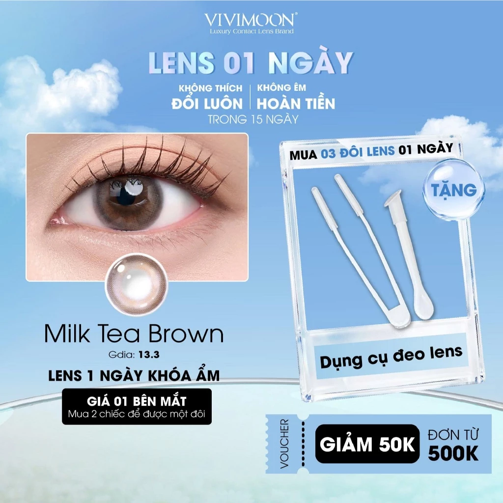 Kính áp tròng VIVIMOON LENS 1 ngày màu nâu trà sữa tự nhiên Milk Tea Brown độ cận từ 0-8 (Giá 1 chiếc /1 bên mắt)