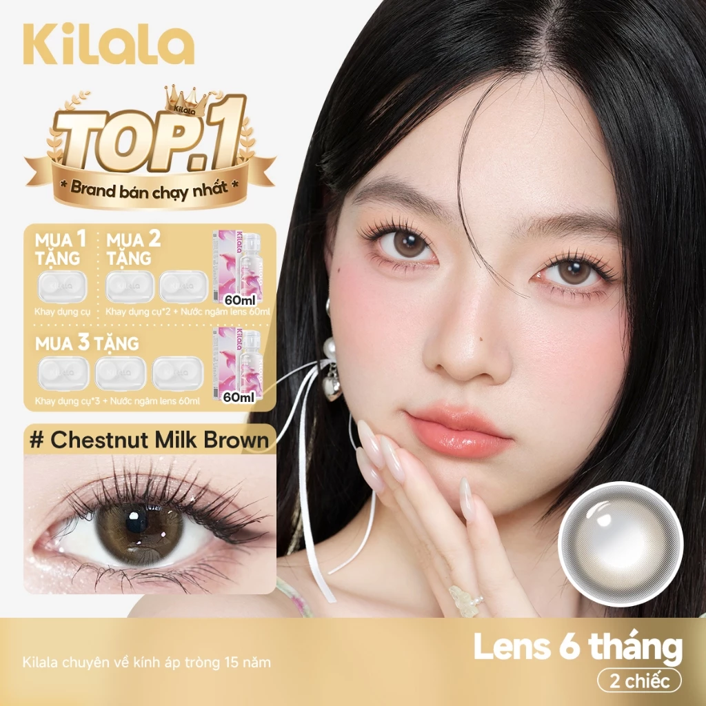 Kính áp tròng Kilala màu nâu Chestnut Milk Brown/Whiskey Brown lens cận 6 tháng DIA 14.2mm có độ (0-8) 1 cặp - 2