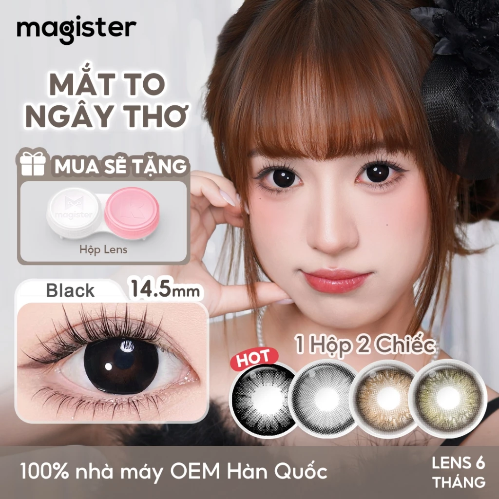 Magister kính áp tròng màu có độ (0-6)1 cặp Black/Allure Gray 14.2-14.5mm Đôi mắt to 6 tháng lens Trông tự nhiên