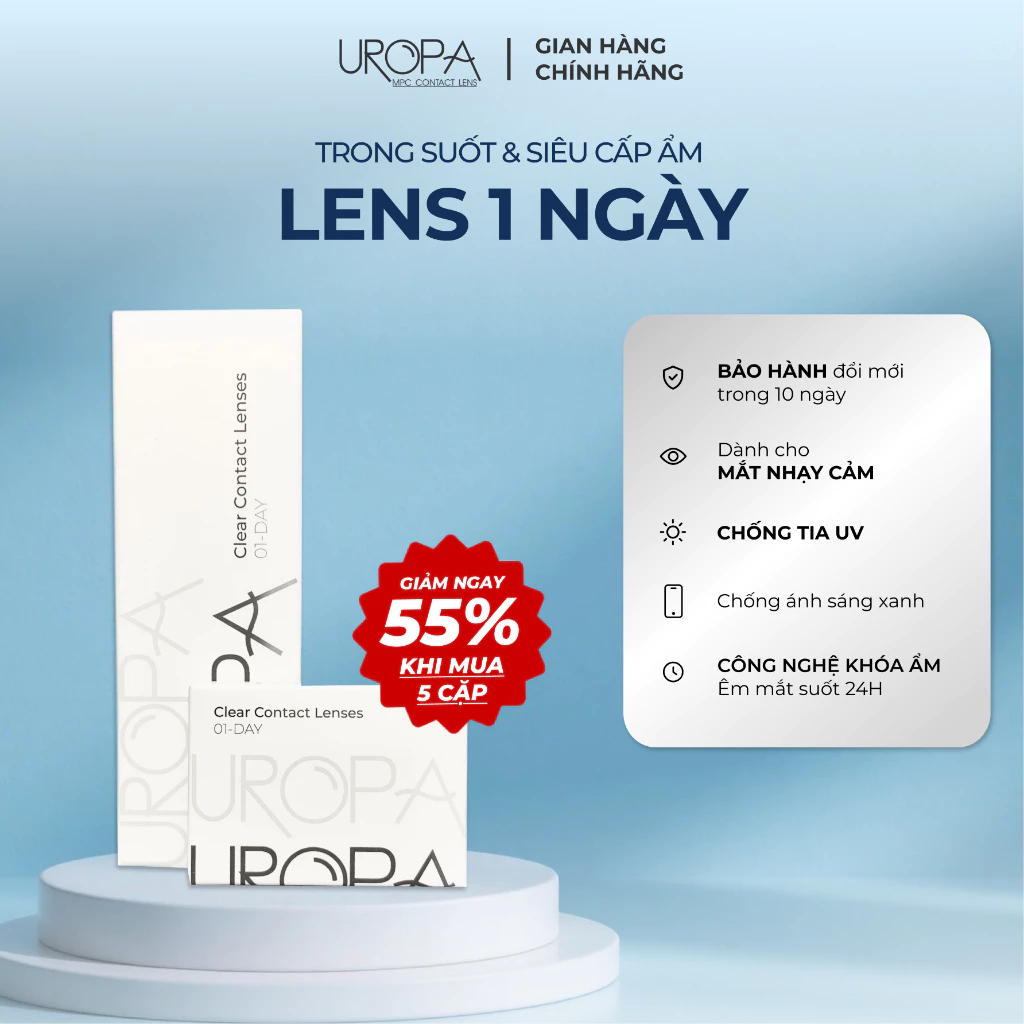 Lens 1 ngày cận trong suốt kính áp tròng UROPA siêu cấp ẩm (từ -1.00 -> -10.00 độ)