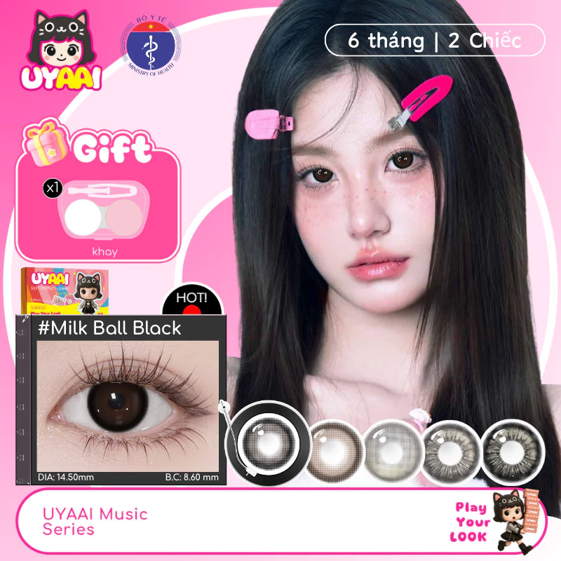 Kính Áp tròng MCK1 UYAAI Lens Màu Đen Snowball Cận 0.00--4.00 Độ, Độ Giãn Tròng 14.5mm【Mua 1 Được 2; 1 Cặp+1 khay】