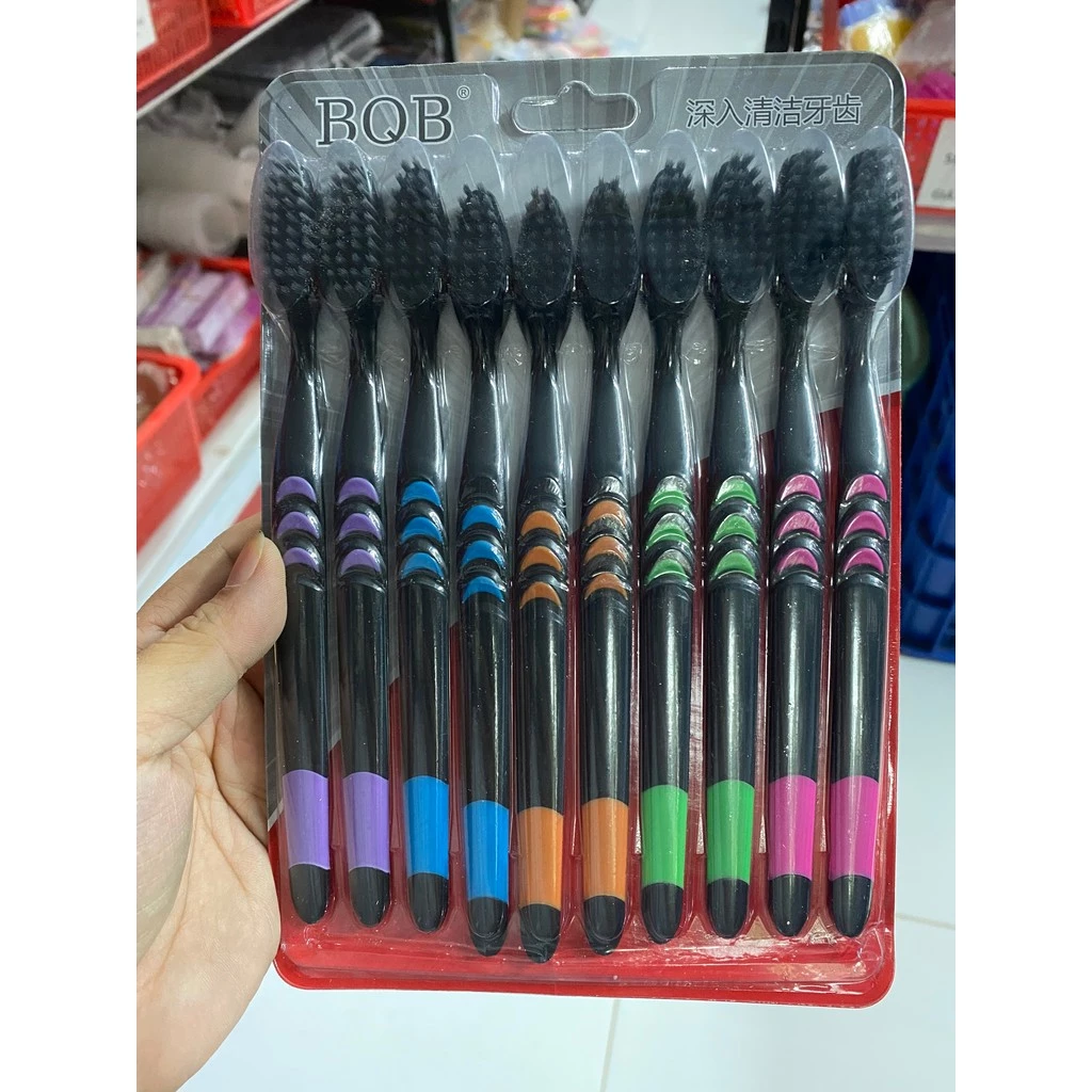 Bộ 10 bàn chải than hoạt tính lông mềm, bàn chải đánh răng người lớn vệ sinh răng miệng