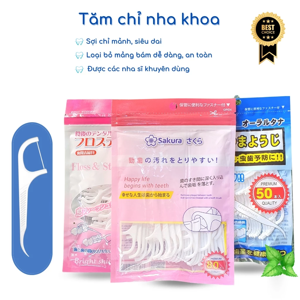 Tăm chỉ nha khoa Nhật Bản Sakura - Sunny - Haka gói 80 - 50 que, chăm sóc răng miệng.