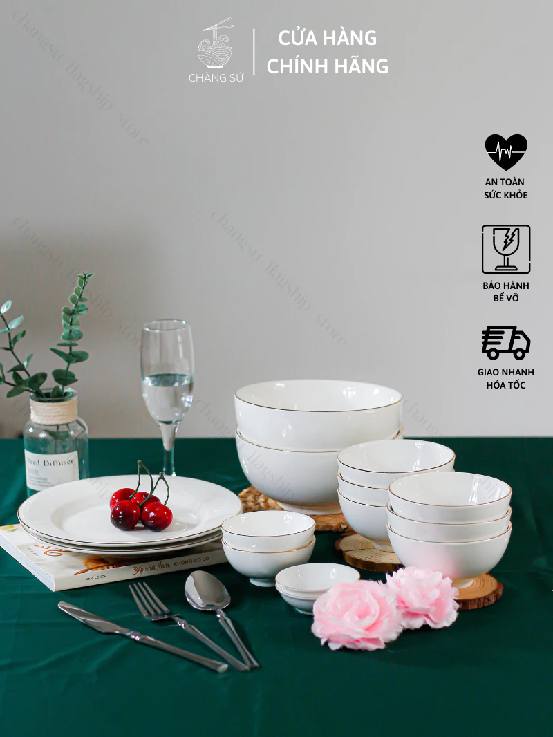 Set bát đĩa ăn cơm 14 món sứ trắng viền vàng sang trọng - Bộ chén dĩa kẻ vàng thật 12k sứ Minh Châu - Vỡ 1 đổi 1
