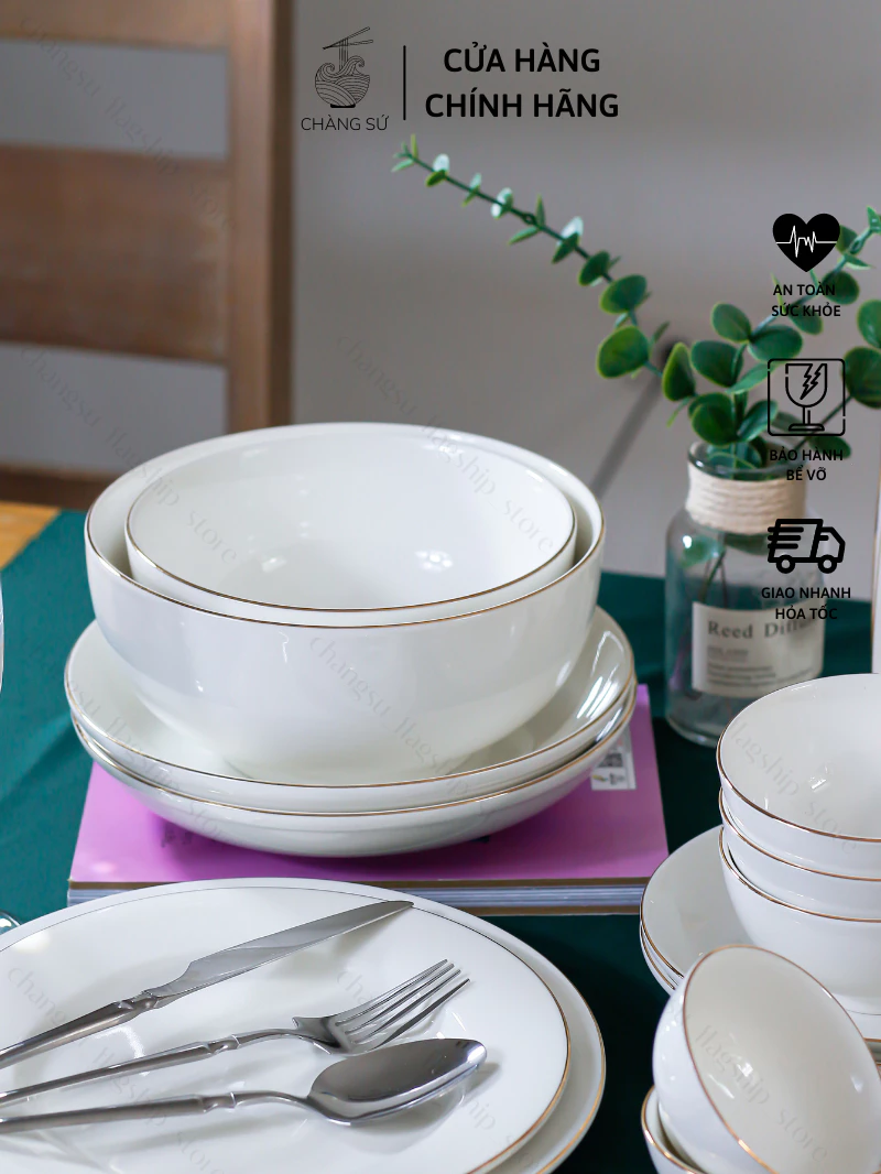 Set bát đĩa ăn cơm 14 món sứ trắng viền vàng sang trọng - Bộ chén dĩa kẻ vàng thật 12k sứ Minh Châu - Vỡ 1 đổi 1 - 2