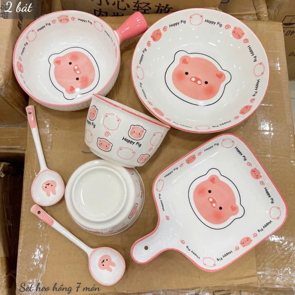 Bát Đĩa Gốm Sứ Decor, Bát Ăn Cơm, Bát Ăn Chè, Chén Dĩa Dễ Thương Bộ Bát Đĩa Heo Hồng Cực Đáng yêu Cho Bé