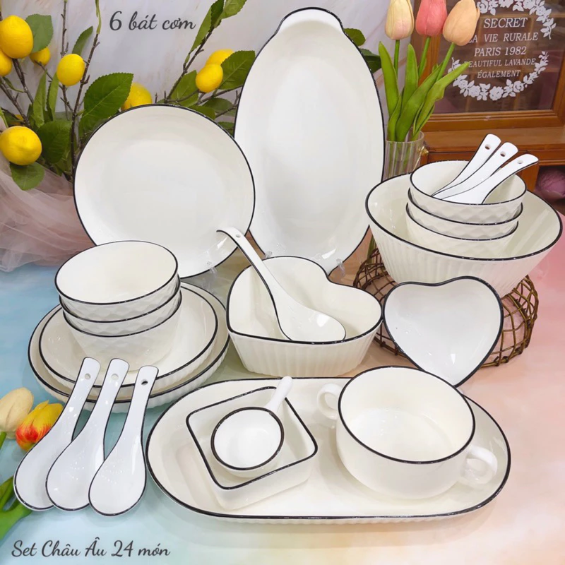 Bát Đĩa Gốm Sứ Decor, Bát Ăn Cơm, Bát Ăn Chè, Chén Dĩa Dễ Thương Sét Bát Đĩa Châu Âu màu Trắng Xinh Yêu - 2