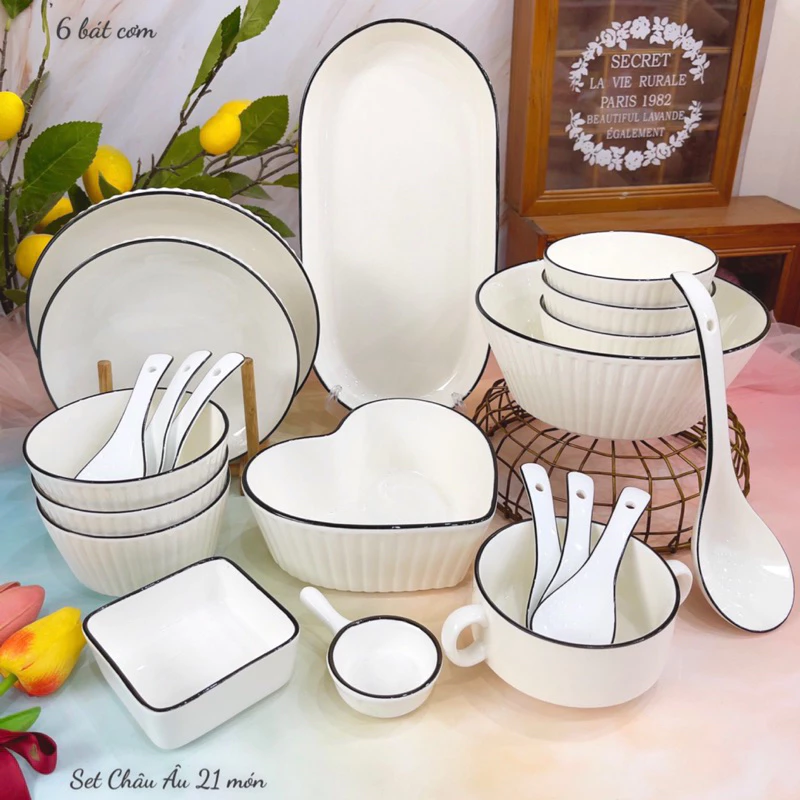 Bát Đĩa Gốm Sứ Decor, Bát Ăn Cơm, Bát Ăn Chè, Chén Dĩa Dễ Thương Sét Bát Đĩa Châu Âu màu Trắng Xinh Yêu - 3