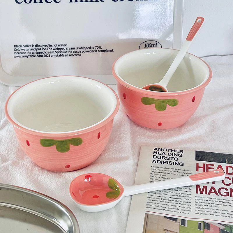 Bát Ăn Cơm Bát Chè Đĩa Sứ Chén Dĩa Sứ Dễ Thương Cute Decor Cao Cấp dáng vuông tròn xinh yêu Họa Tiết Dâu Tây - 2