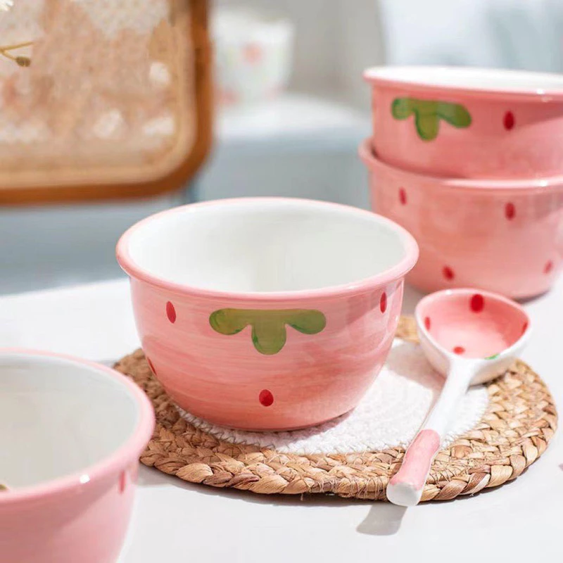 Bát Ăn Cơm Bát Chè Đĩa Sứ Chén Dĩa Sứ Dễ Thương Cute Decor Cao Cấp dáng vuông tròn xinh yêu Họa Tiết Dâu Tây - 4