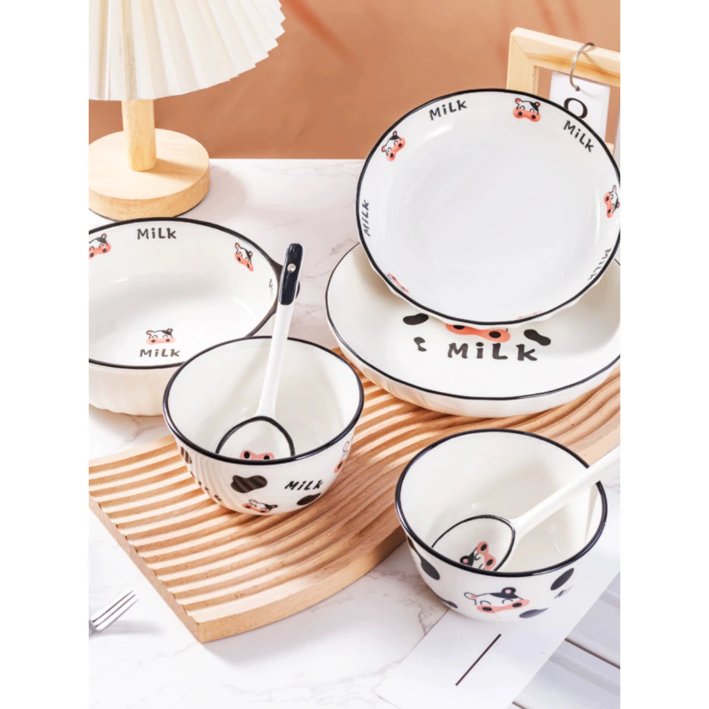 Bộ chén , bát , dĩa, thố canh , khay đựng thức ăn họa tiết bò sữa mới sử dụng trong gia đình - Sh Gốm sứ