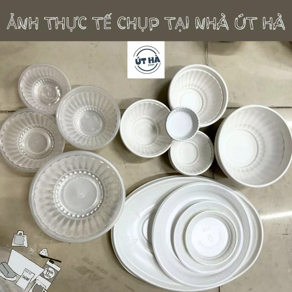 100 chén dĩa tô nhựa/ giấy dùng 1 lần trong/ đục chè 301, cơm 302, đại 303, tương, xôi 003, trung 006, cá 002, hột xoài