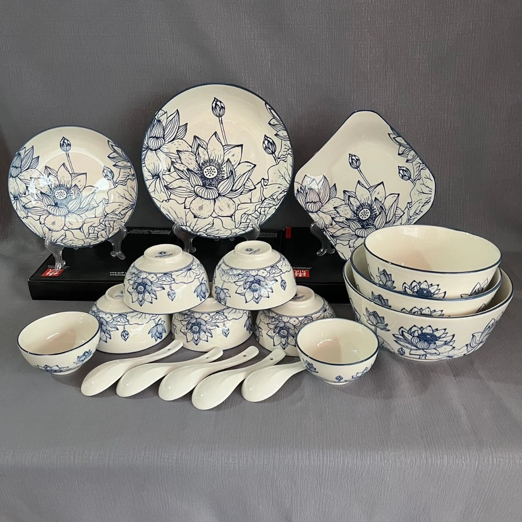 BỘ 18 món HOA SEN gốm sứ tô chén dĩa - Dành cho 5 người(Có 2 loại: bộ 18 Sen Xoài, bộ 18 Sen Vuông)-KHÔNG CÓ HỘP QUÀ - 5