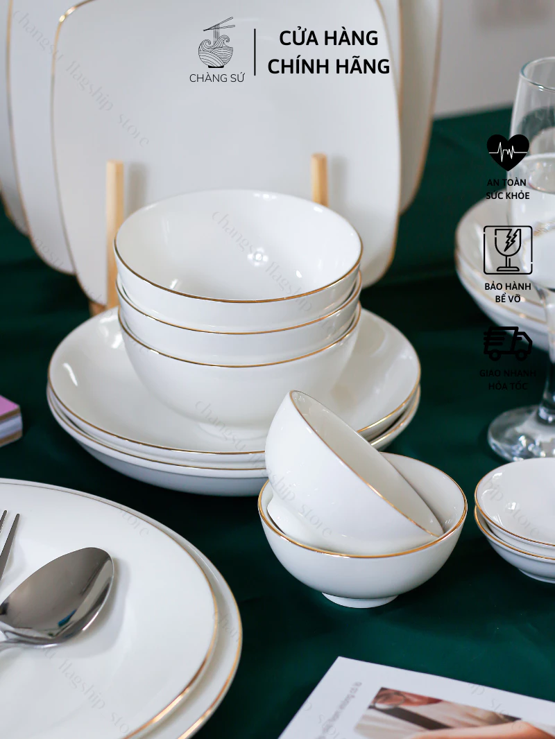 Set bát đĩa ăn cơm 14 món sứ trắng viền vàng sang trọng - Bộ chén dĩa kẻ vàng thật 12k sứ Minh Châu - Vỡ 1 đổi 1 - 2