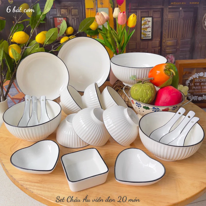 Bát Đĩa Gốm Sứ Decor, Bát Ăn Cơm, Bát Ăn Chè, Chén Dĩa Dễ Thương Sét Bát Đĩa Châu Âu màu Trắng Xinh Yêu - 3