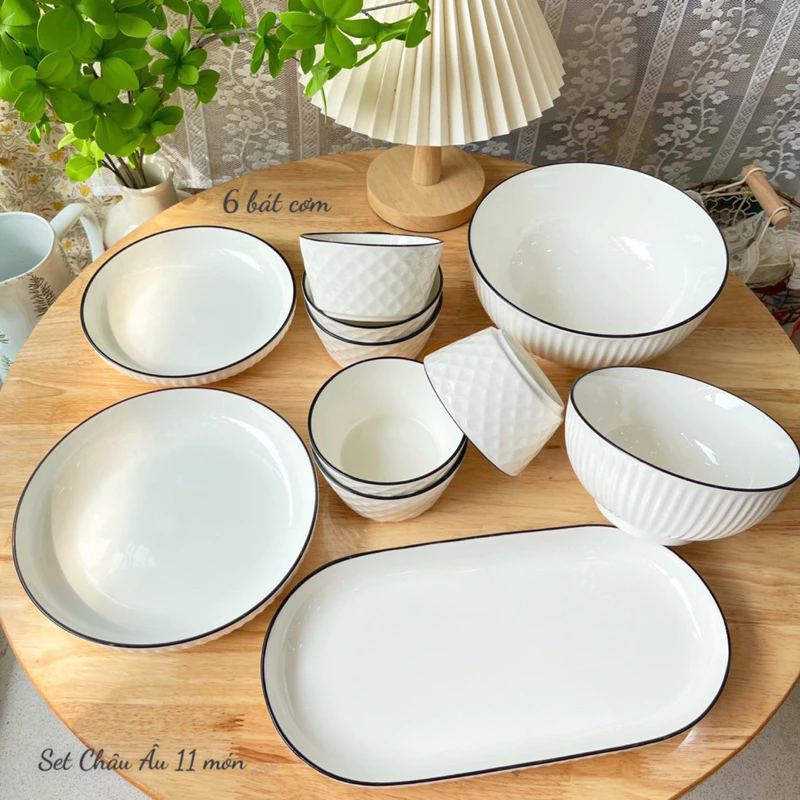 Bát Đĩa Gốm Sứ Decor, Bát Ăn Cơm, Bát Ăn Chè, Chén Dĩa Dễ Thương Sét Bát Đĩa Châu Âu màu Trắng Xinh Yêu - 6