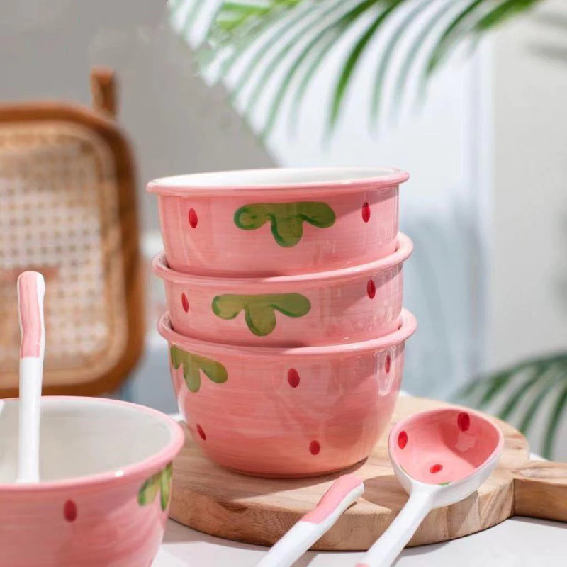 Bát Ăn Cơm Bát Chè Đĩa Sứ Chén Dĩa Sứ Dễ Thương Cute Decor Cao Cấp dáng vuông tròn xinh yêu Họa Tiết Dâu Tây - 5
