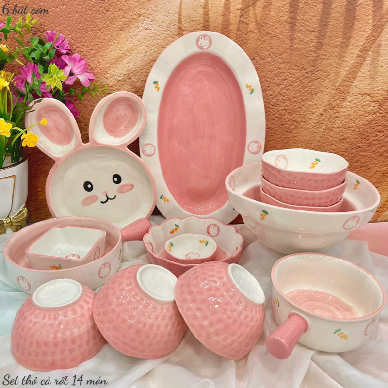 Bát Đĩa sứ Decor Chén Dĩa Sứ Dễ Thương Cute, Bát Ăn cơm trang trí đồ ăn cực đẹp Bộ thỏ cà rốt Hồng xinh Yêu