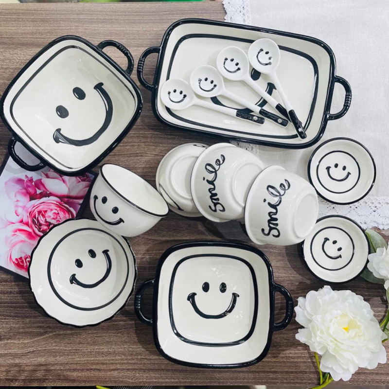Bát Đĩa Gốm Sứ Decor, Bát Ăn Cơm, Bát Ăn Chè, Chén Dĩa Dễ Thương Sét Bát Đĩa Smile màu Trắng Đen Xinh Yêu Gomsudecor21