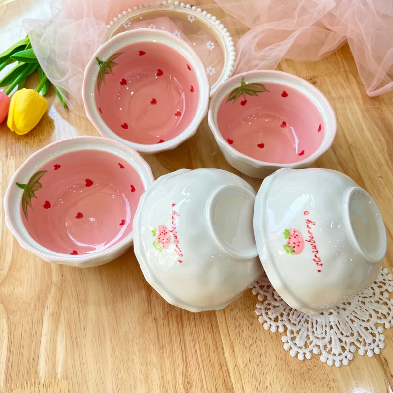 Set Chén dĩa sứ Bát ăn cơm Đĩa sứ Dễ thương Decor Bộ dâu hồng trang trí món ăn cực đẹp. - 2