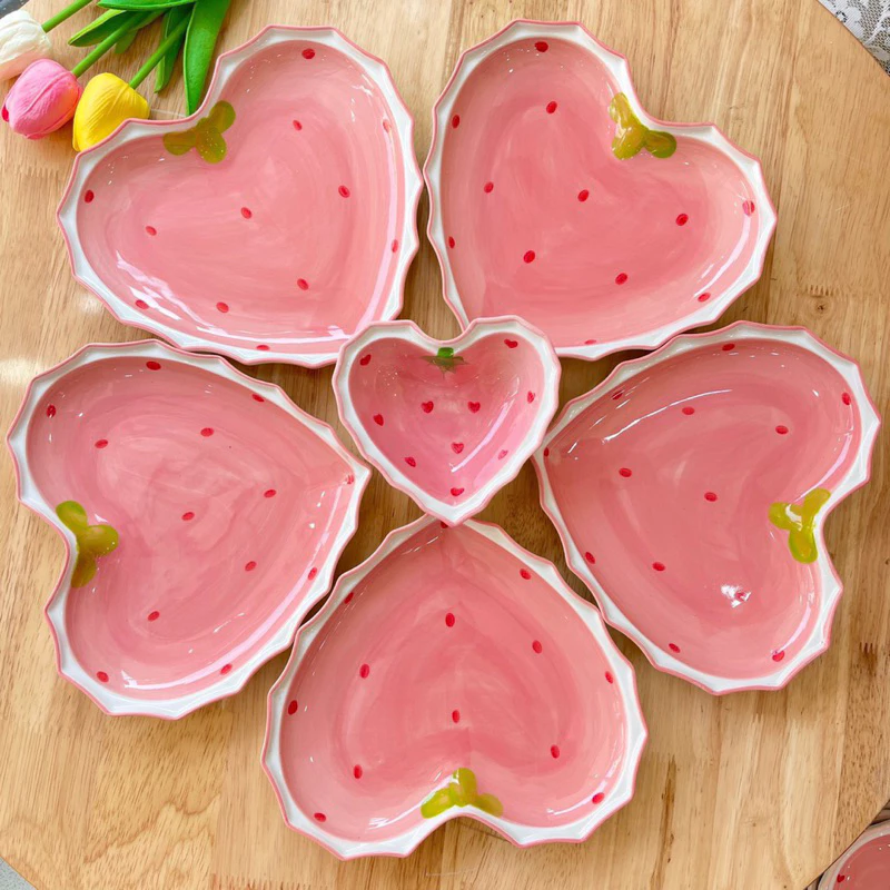 Set Chén dĩa sứ Bát ăn cơm Đĩa sứ Dễ thương Decor Bộ dâu hồng trang trí món ăn cực đẹp. - 5