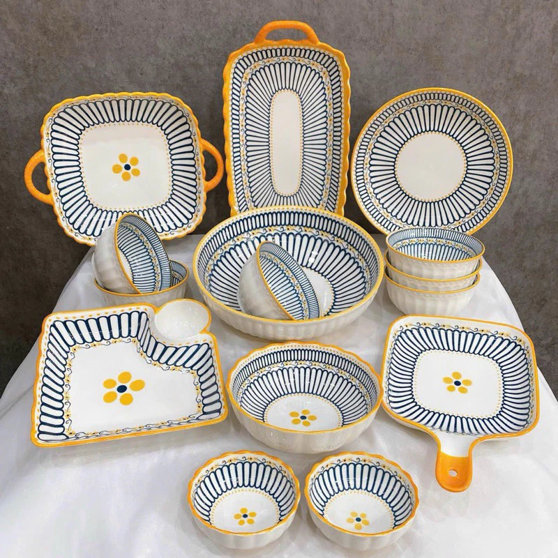 Bộ Bát Đĩa sứ Decor Chén Dĩa Sứ Dễ Thương Cute Cao Cấp sét thổ cẩm 15 món sanh chảnh H66 trang trí món ăn cho gia đình.