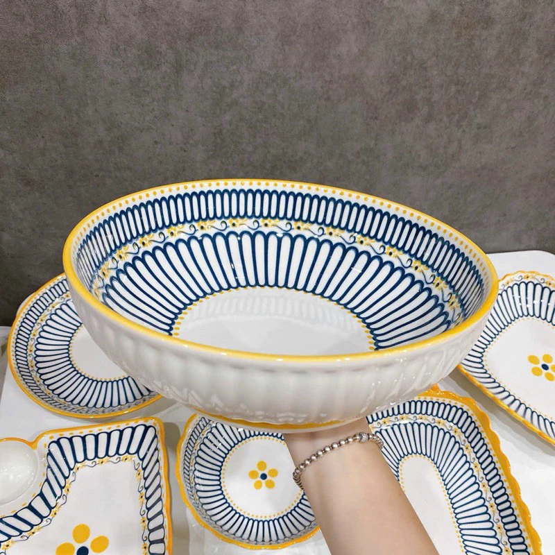 Bộ Bát Đĩa sứ Decor Chén Dĩa Sứ Dễ Thương Cute Cao Cấp sét thổ cẩm 15 món sanh chảnh H66 trang trí món ăn cho gia đình. - 2