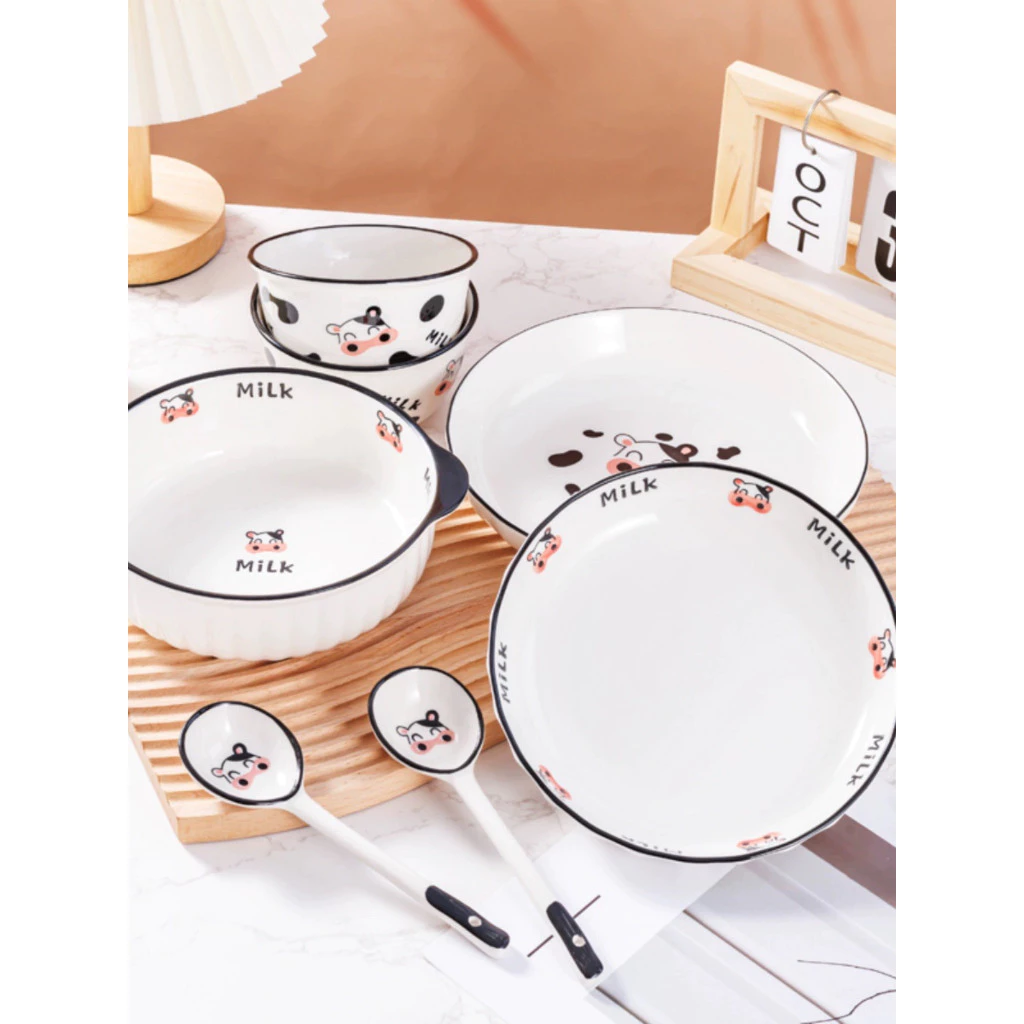 Bộ chén , bát , dĩa, thố canh , khay đựng thức ăn họa tiết bò sữa mới sử dụng trong gia đình - Sh Gốm sứ - 2