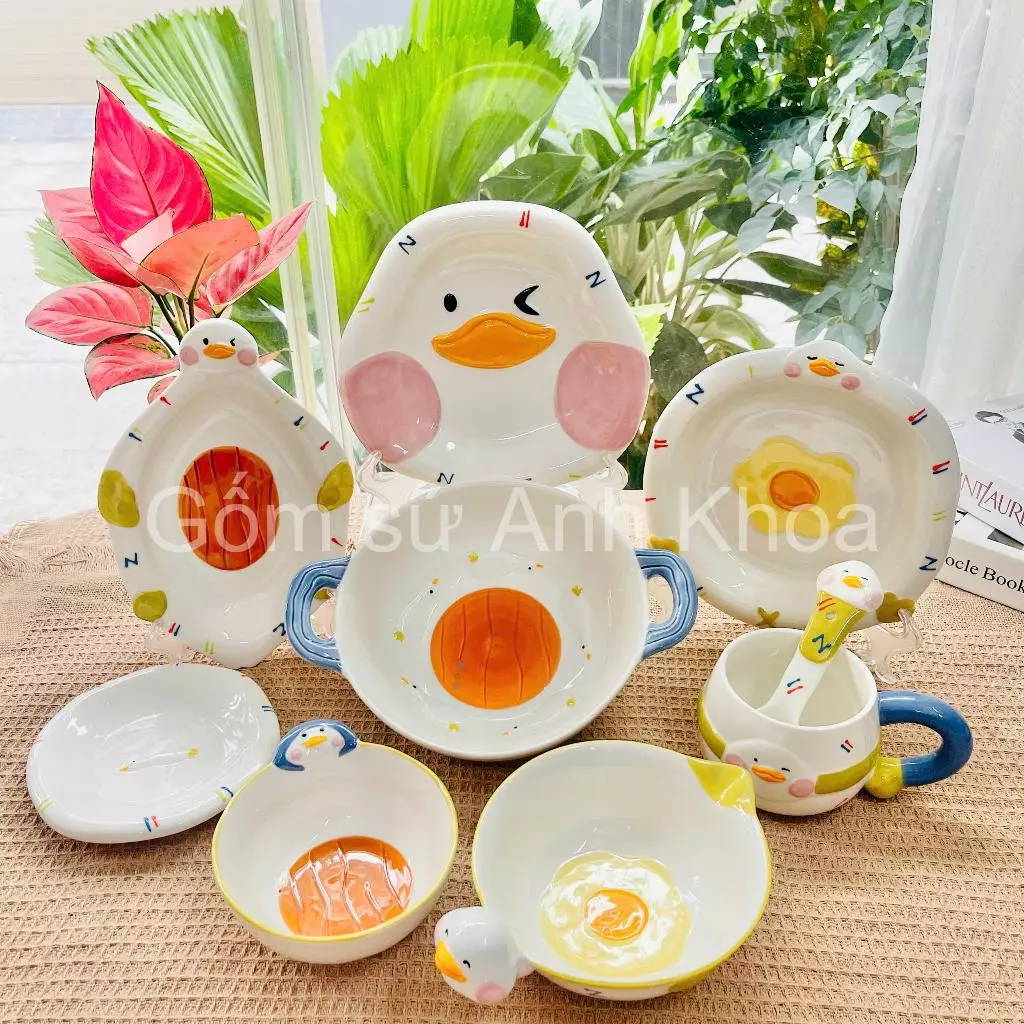 Bát Đĩa Gốm Sứ Decor, Bát Ăn Cơm, Bát Ăn Chè, Chén Dĩa Dễ Thương Bộ Bát Đĩa Vịt Hoa Cực Đáng yêu Cho Bé Gomsudecor21