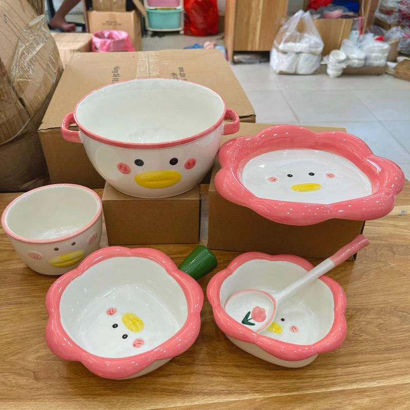 Bộ Bát Đĩa Gốm Sứ Decor, Bát Ăn Cơm, Bát Ăn Chè, Chén Dĩa Dễ Thương Bộ Vịt Hồng 3D Cực Xinh Yêu cho gia đình