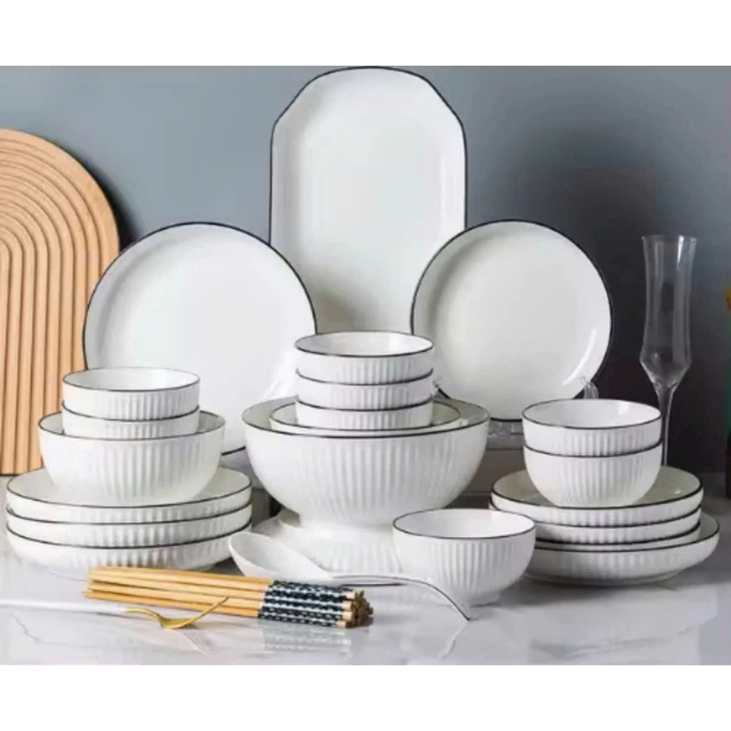 ̣(mua 8 tặng 1 cùng loại) tô chén dĩa sứ trắng sọc viền chỉ đen nhiều size 11.5cm, 16cm, 18.5cm, 20.5cm, 22cm