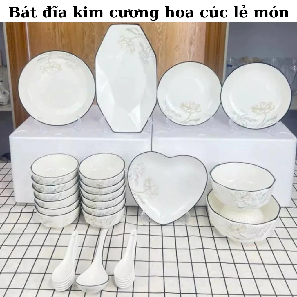 Bát đĩa kim cương họa tiết hoa cúc 4D gốm sứ ceramic cao cấp Chén dĩa kim cương sứ trắng dày dặn