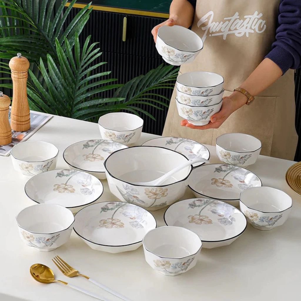 Bát đĩa kim cương họa tiết hoa cúc 4D gốm sứ ceramic cao cấp Chén dĩa kim cương sứ trắng dày dặn - 2